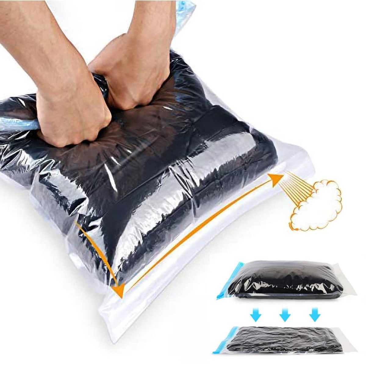 Vacuum compression bag set, dark bag with blue zip and valve inside clear pouch