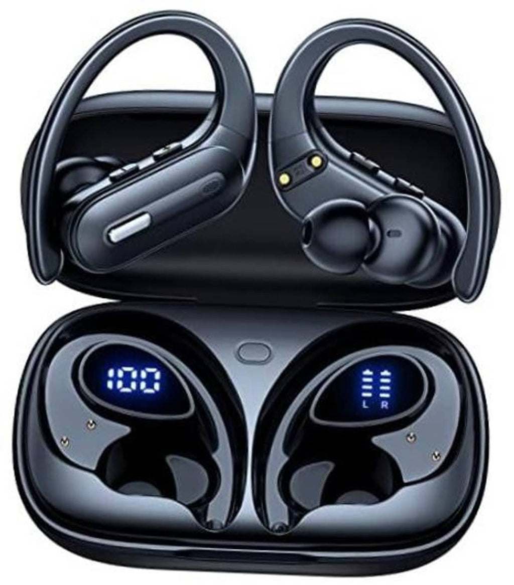 Black wireless earbuds with open charging case, earbuds shown in slots