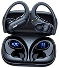 Black wireless earbuds with open charging case, earbuds shown in slots