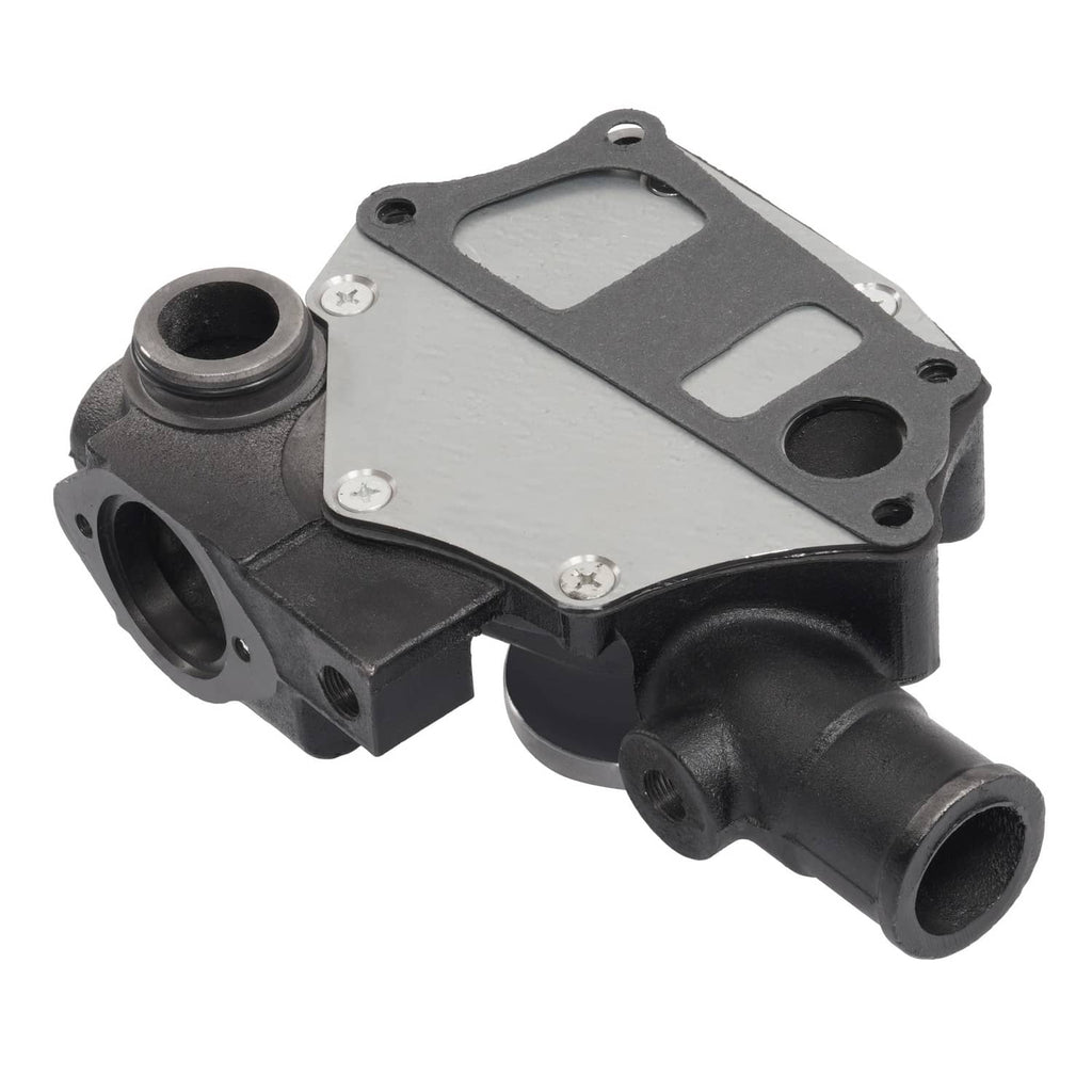Water pump with black housing, silver plate, and two outlet ports