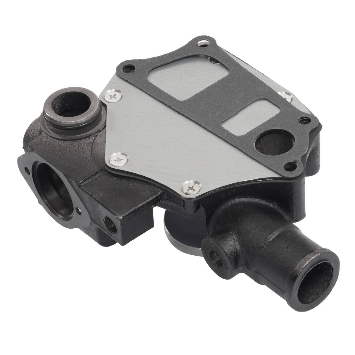 Water pump with black housing, silver plate, and two outlet ports