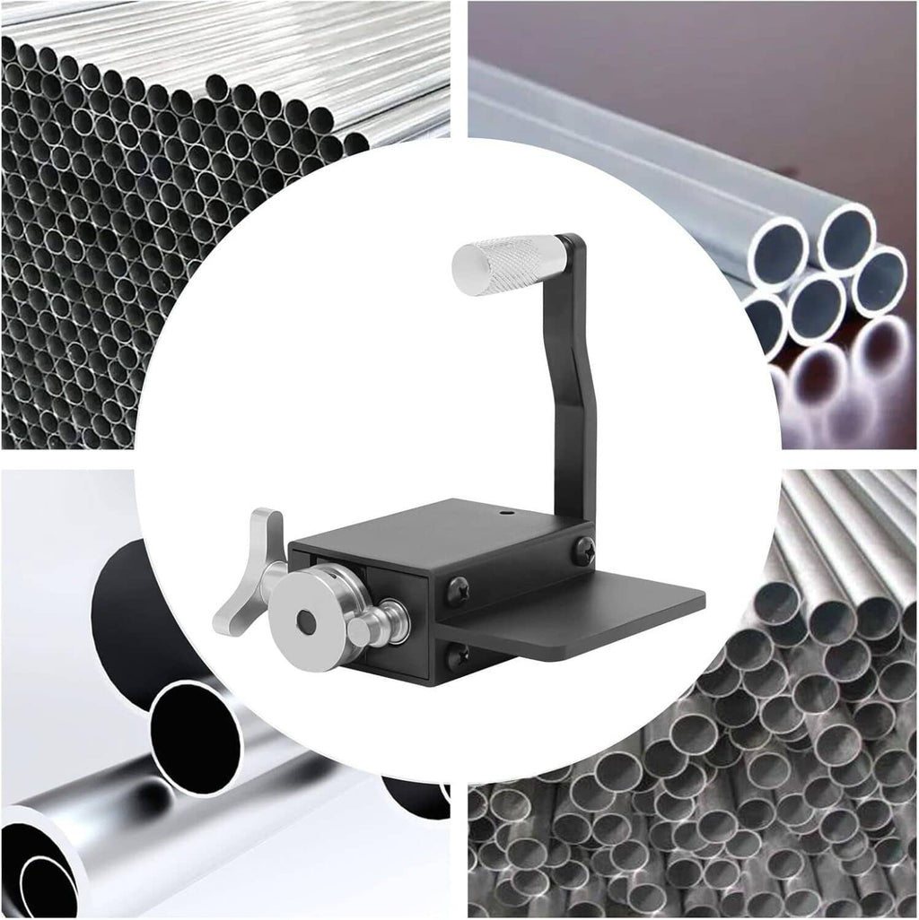 Tube pipe bead roller tool with handle and roller head beside metal pipe sections