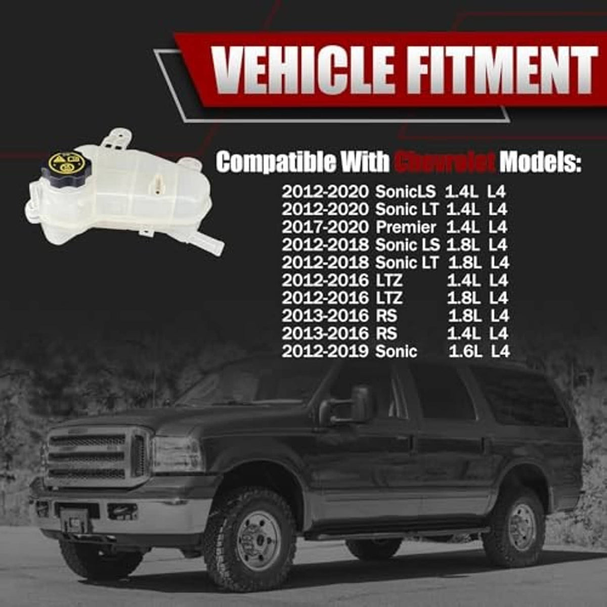 Coolant overflow reservoir tank, translucent white with black cap, compatible vehicle part