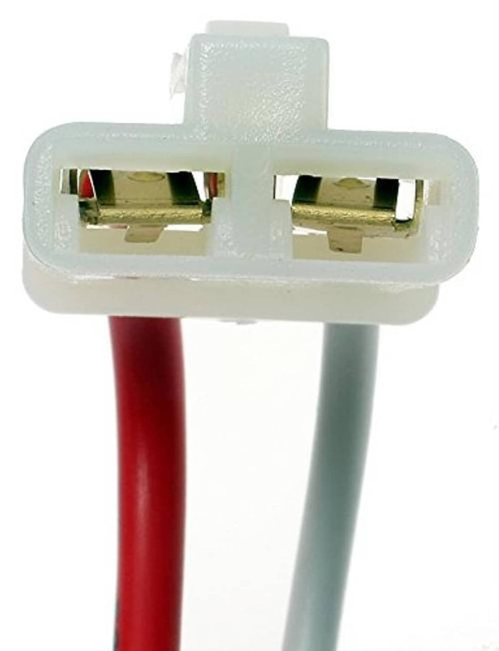 2-pin alternator connector end with gold contacts inside a translucent white housing