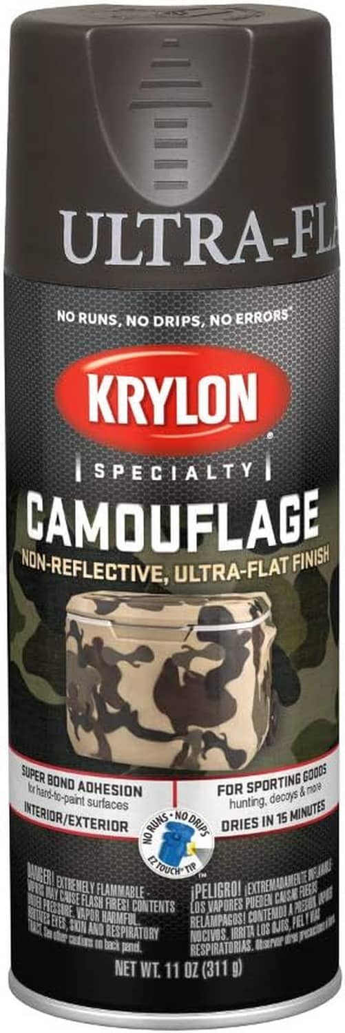 Brown camouflage ultra-flat spray paint can with Krylon logo on red badge