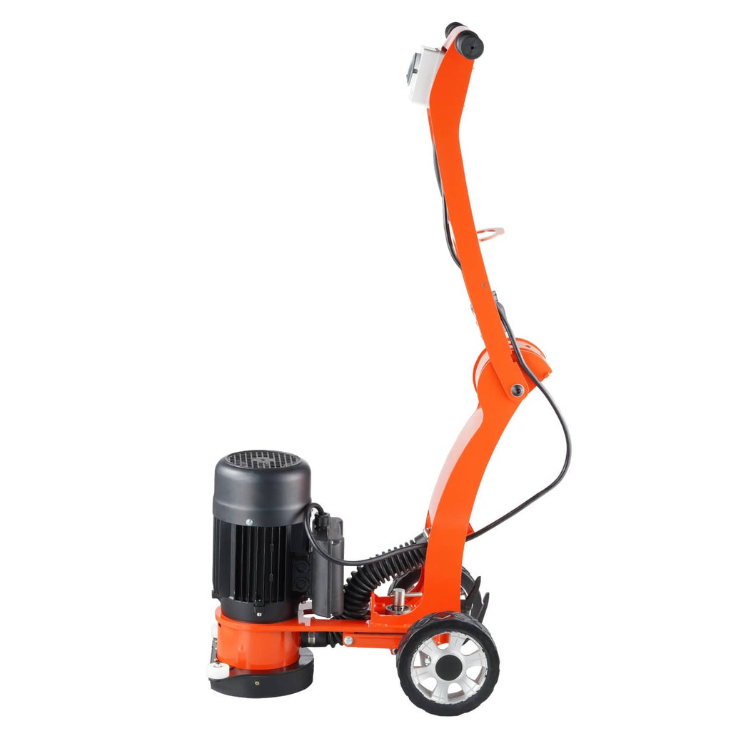 Orange and black walk-behind concrete floor grinder with 7-inch disc and handle