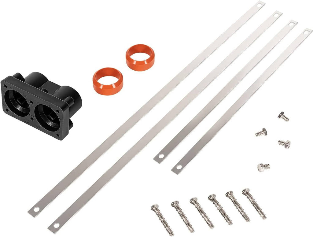 Heater end cap kit components: black housing, orange gaskets, aluminum strips, screws