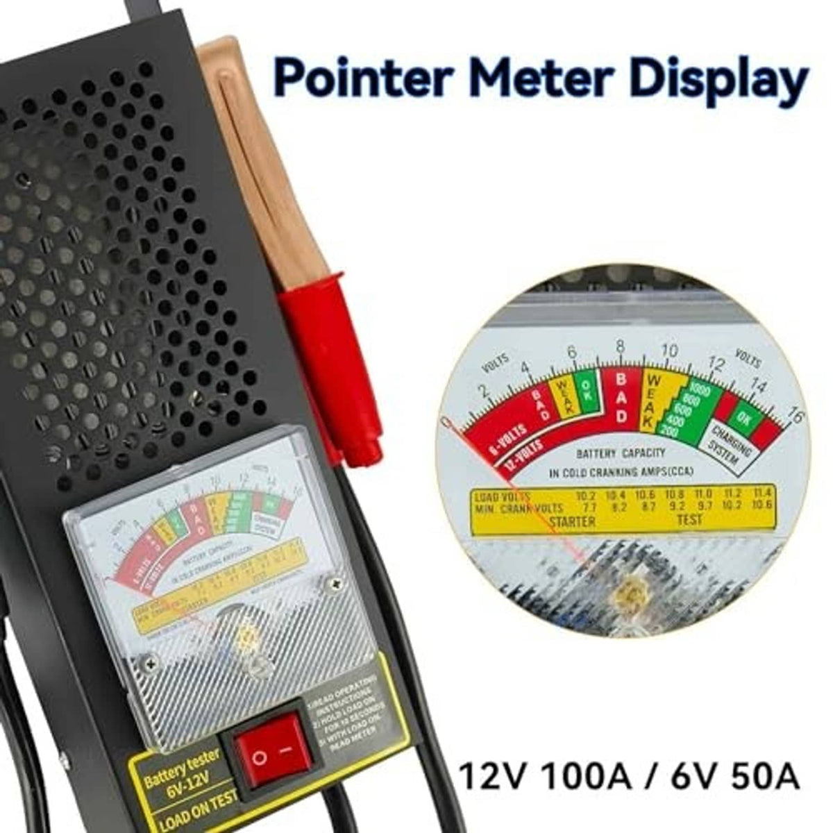 Car battery load tester close-up with pointer meter display and red/black clamps
