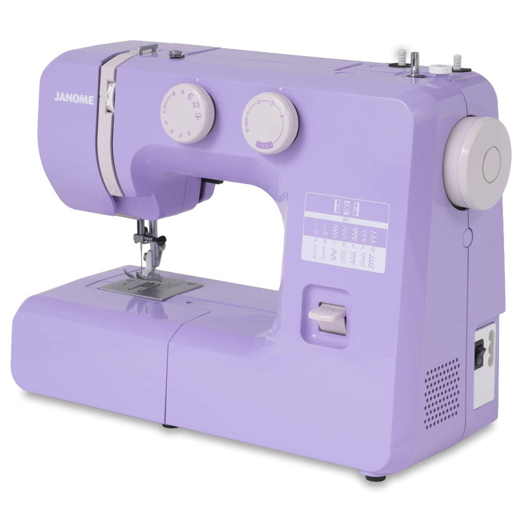 Purple Janome sewing machine with needle presser foot and control panel