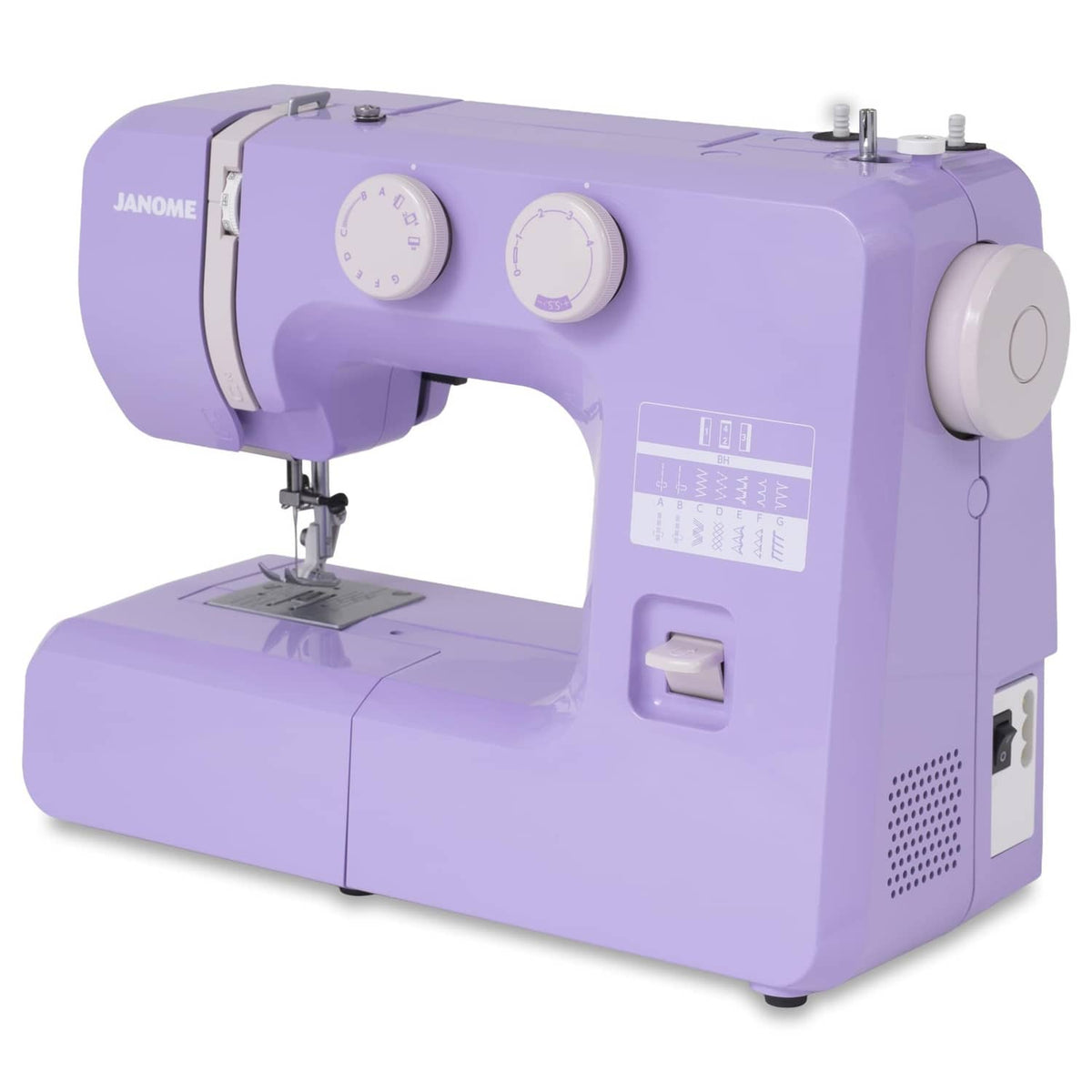 Purple Janome sewing machine with needle presser foot and control panel