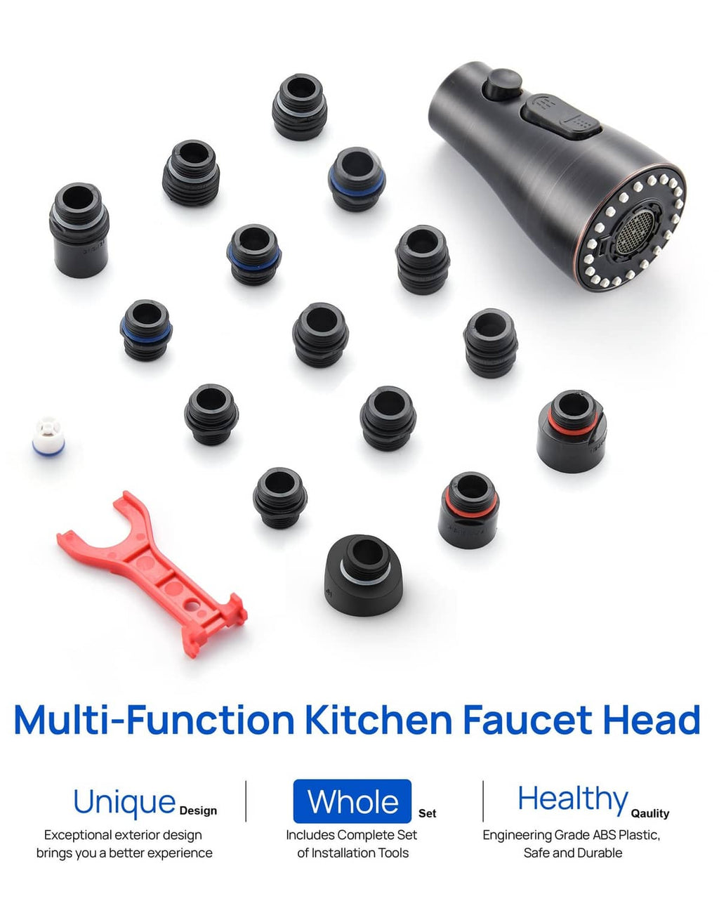 Oil-rubbed bronze kitchen faucet sprayer head with multiple adapters and modes