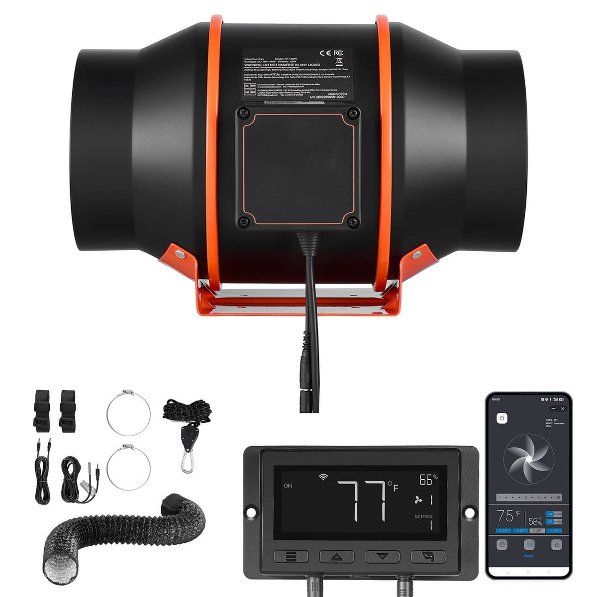 Black 6-inch inline duct fan kit with orange frame, controller, and wiring accessories
