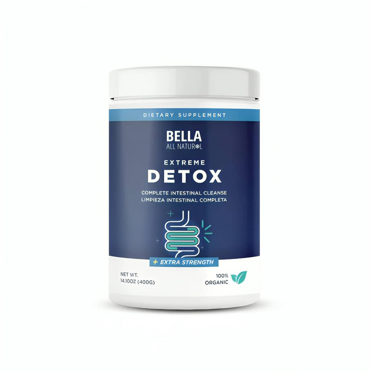 White and blue Extreme Detox dietary supplement jar