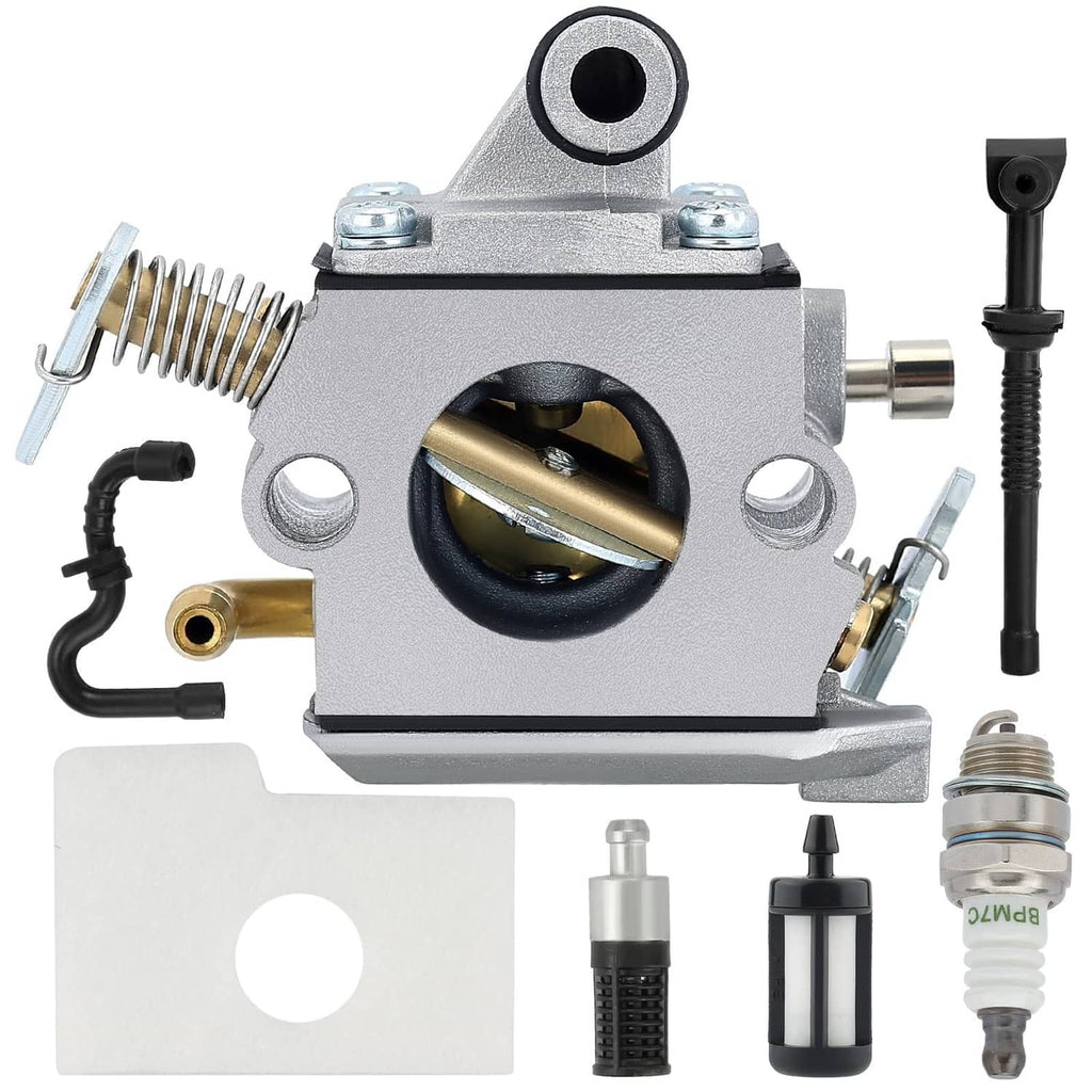 Carburetor assembly with fuel line, throttle spring, and spark plug boot