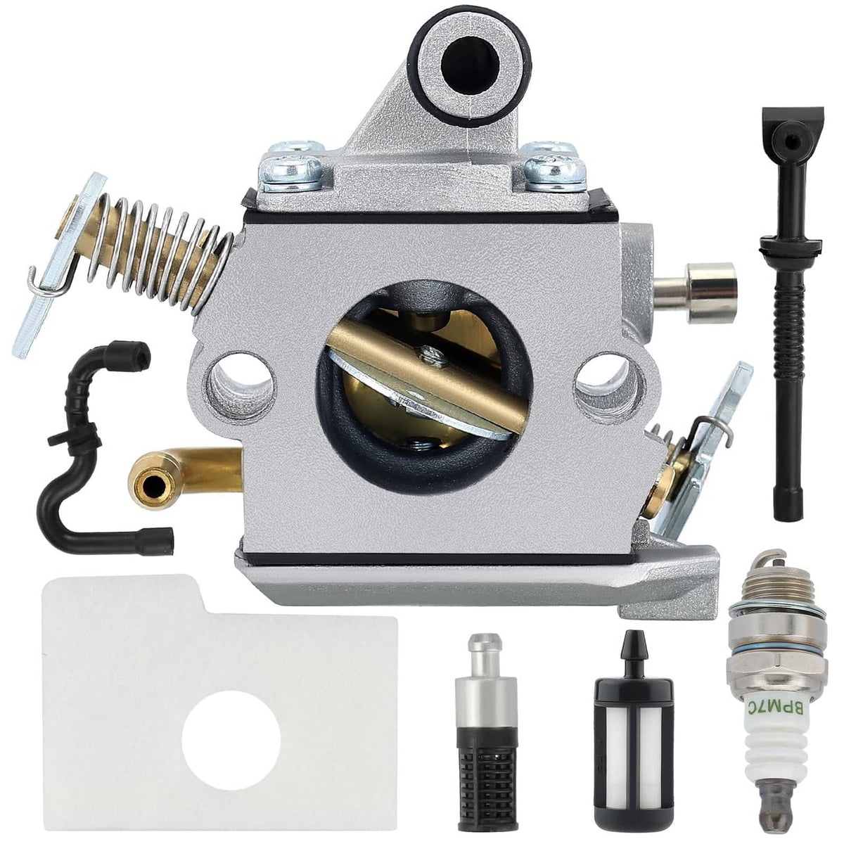Carburetor assembly with fuel line, throttle spring, and spark plug boot