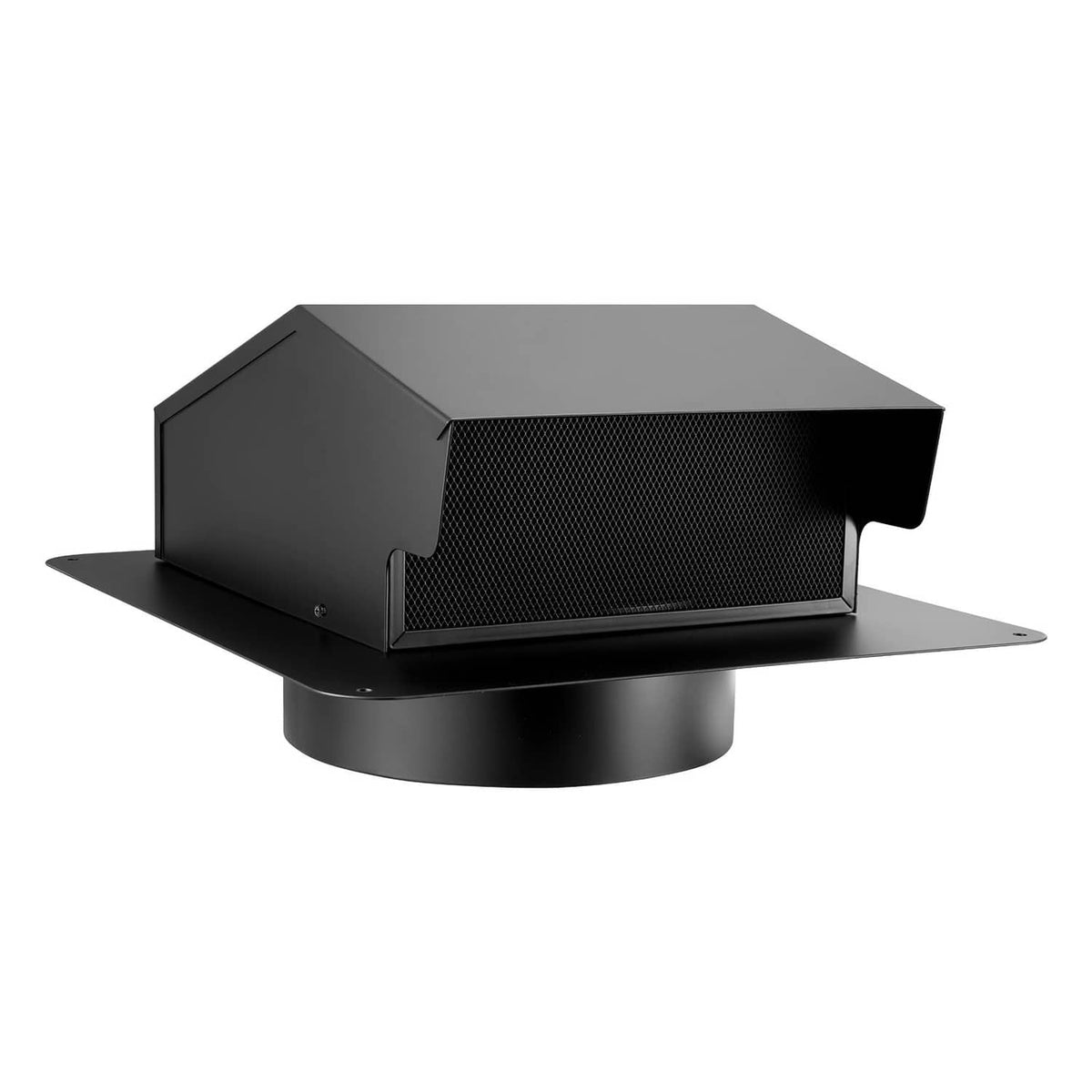 Black hooded vent cover with louver hood, grated intake screen, and round base flange