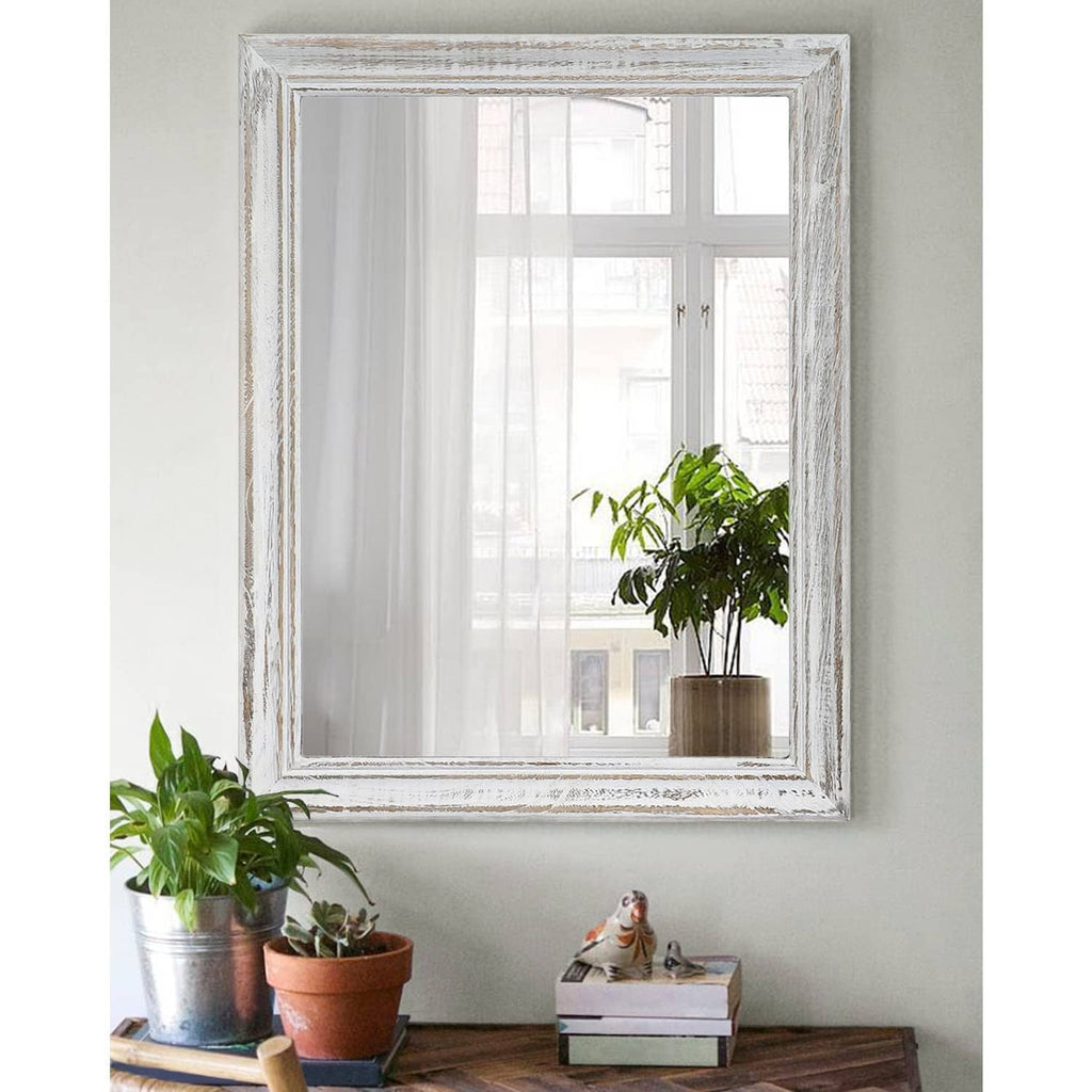 Rectangular wall mirror with weathered white wood frame and clear reflective glass