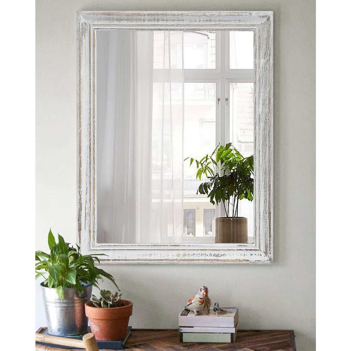 Rectangular wall mirror with weathered white wood frame and clear reflective glass