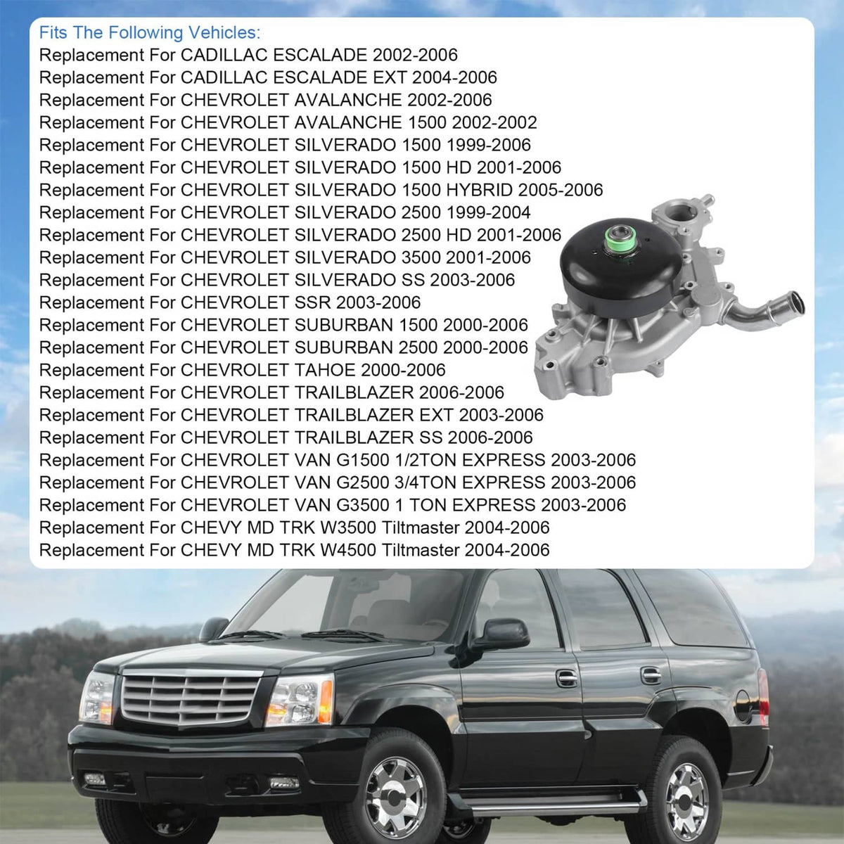 Water pump assembly for engine cooling, silver housing with black inlet/outlet ports