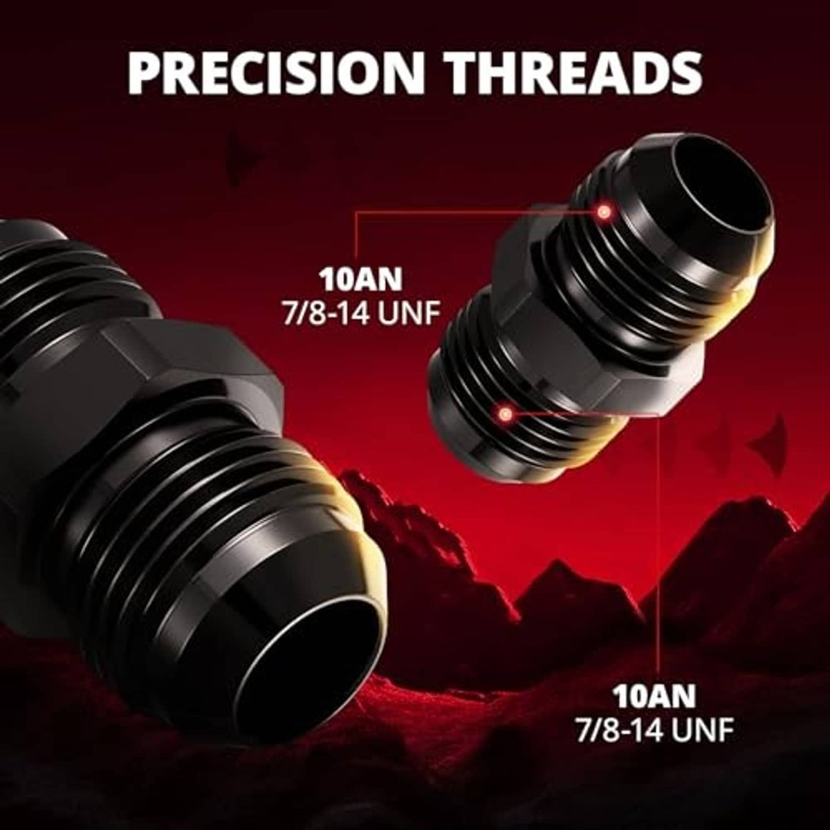 Black AN flare union straight adapter fitting, angled view of threaded male flare ends