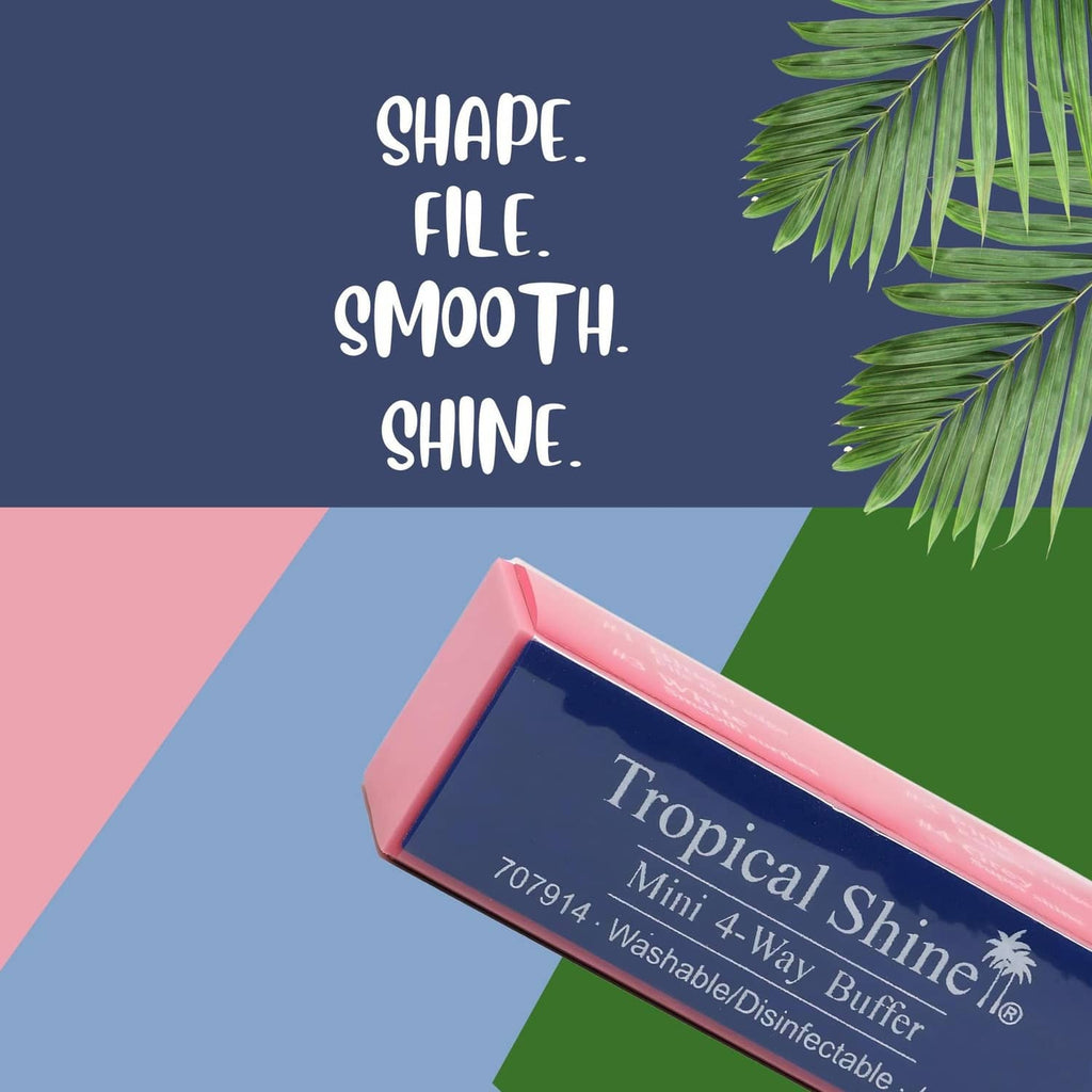 Angled view of mini 4-way nail buffer block in pink and dark navy