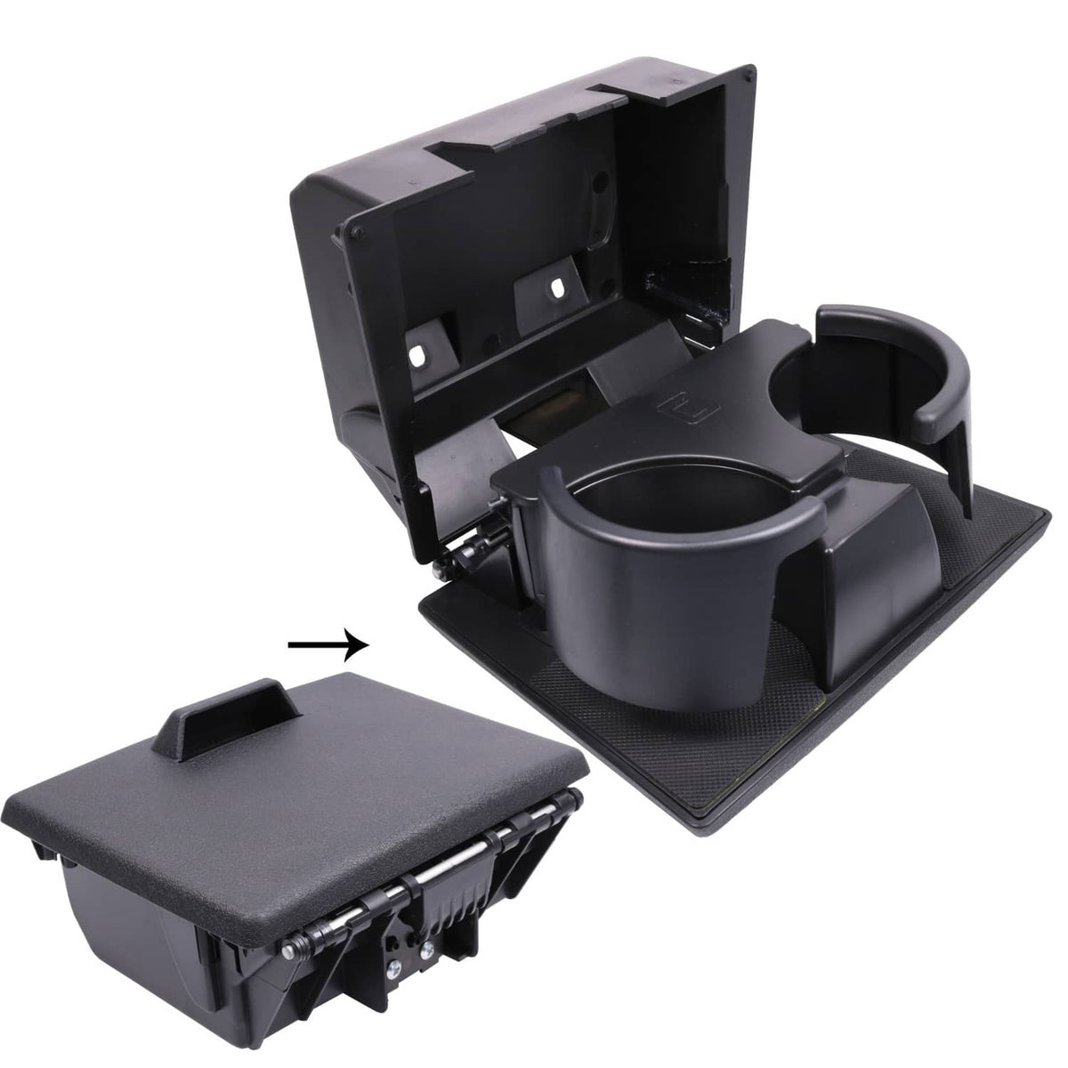 Black front dual cup holder assembly with two round cup openings and open mounting frame