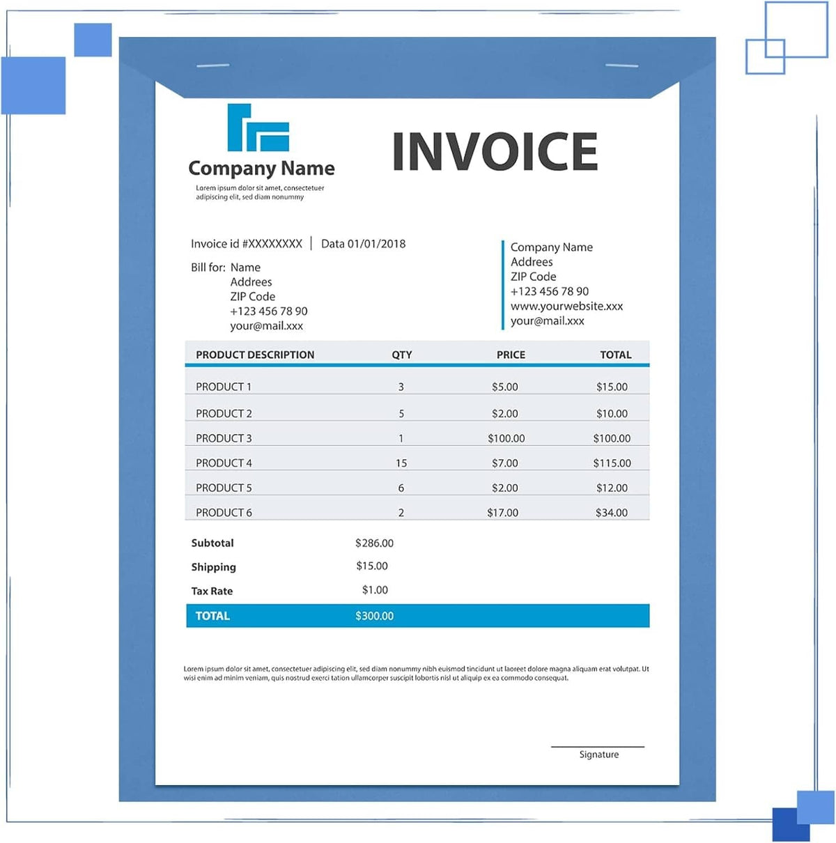 Blue manuscript cover paper holding an invoice document layout