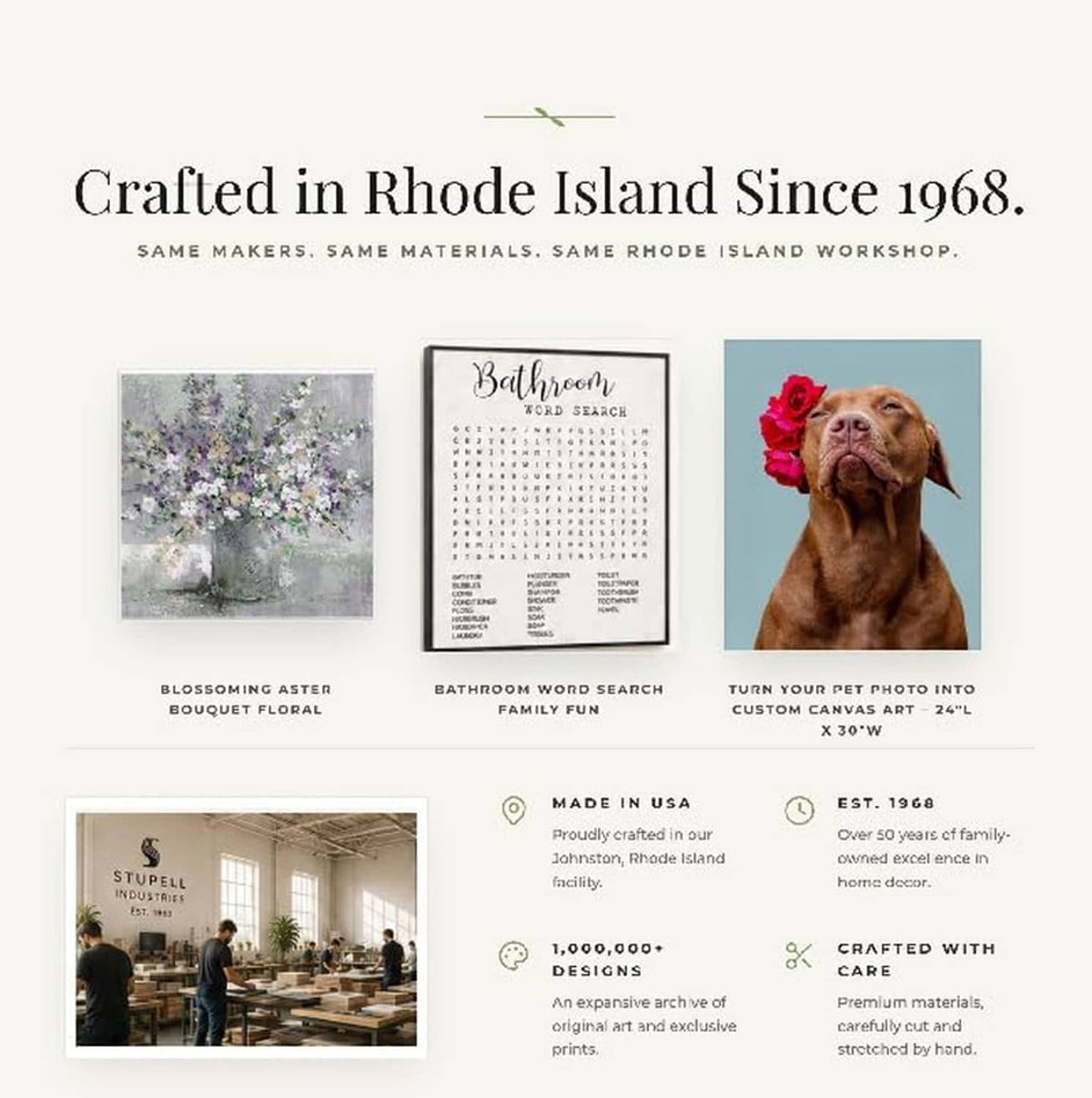 Wall art brand brochure page with product photos and “made in USA” badge