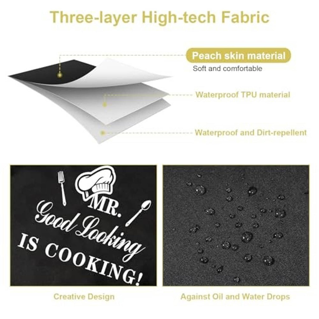 Black waterproof-style cooking apron with “MR. Good Looking IS COOKING!” print