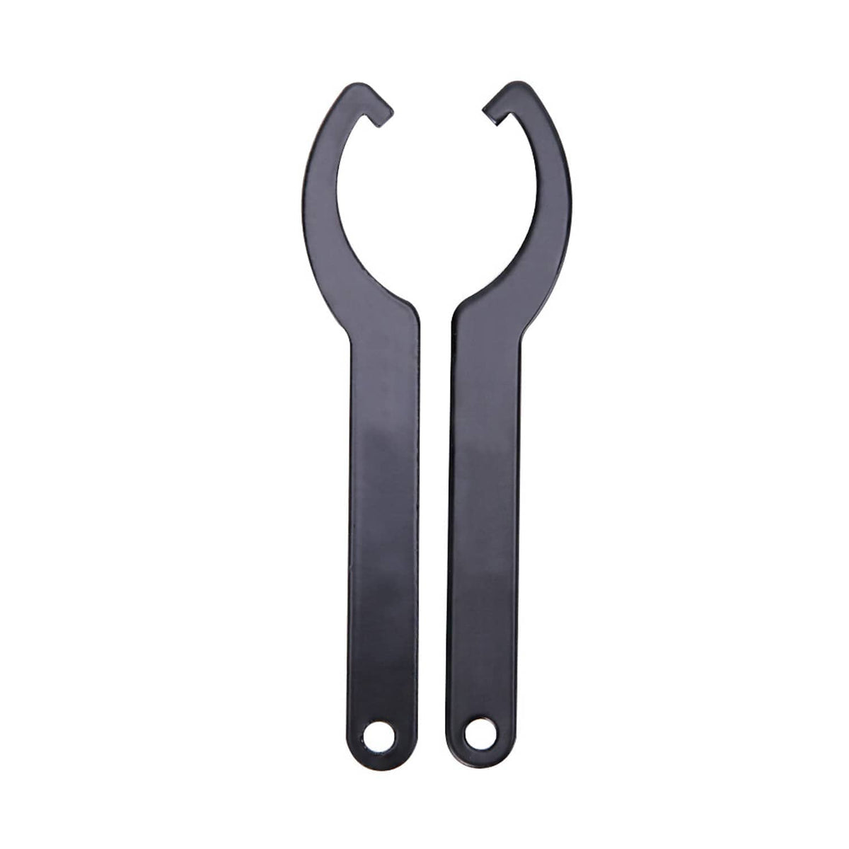 Pair of dark gray C-spanner hook wrenches with rounded hook ends and holes