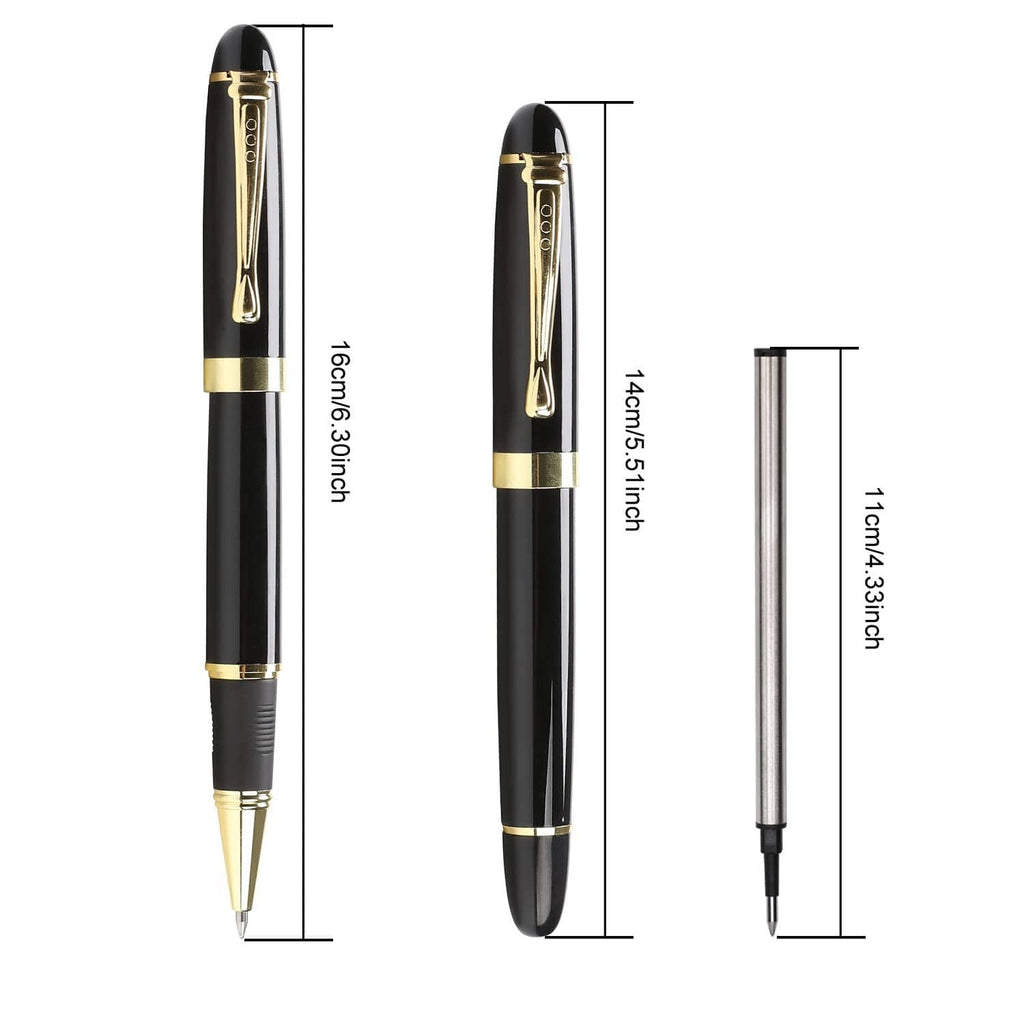 Black luxury ballpoint pen with gold trim and clip, with size diagram