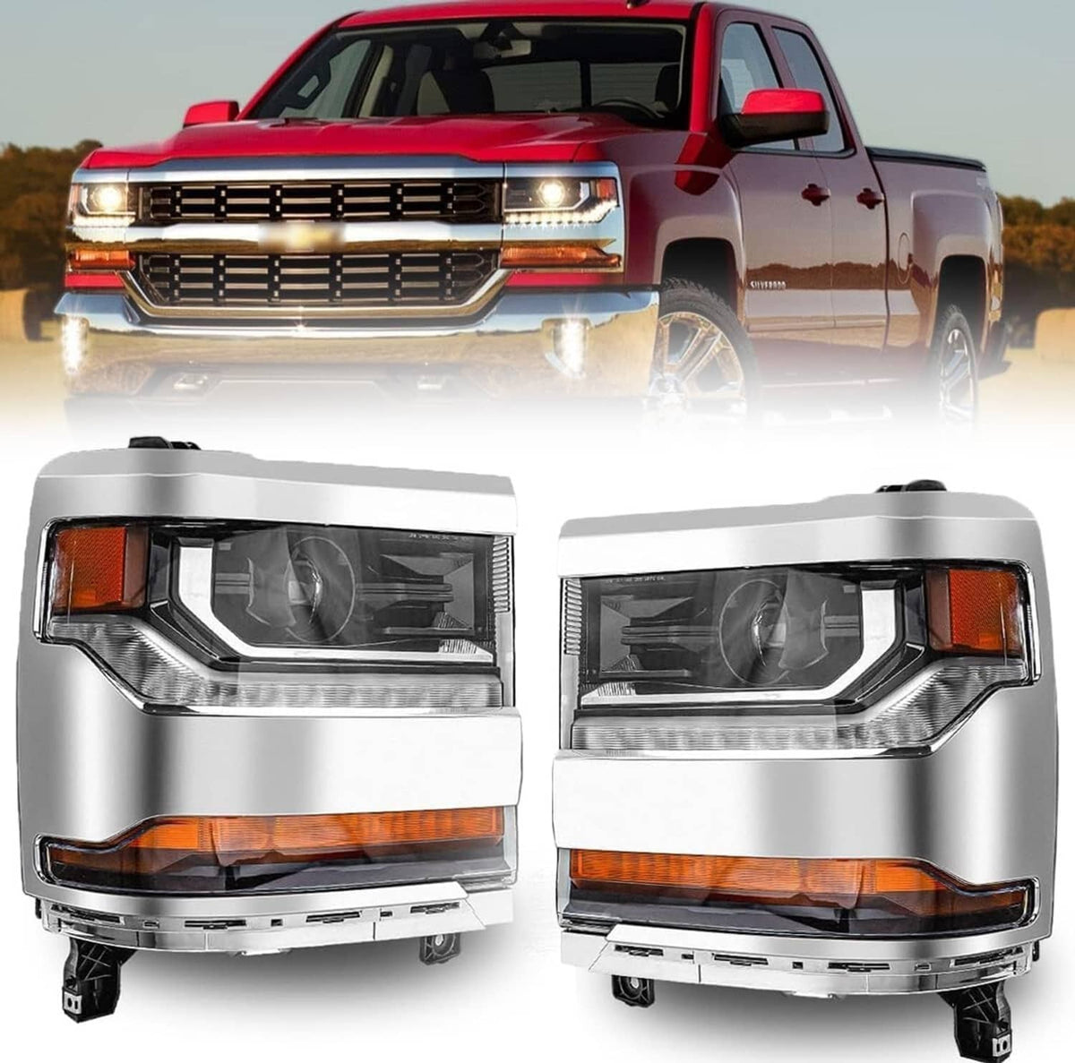 Pair of chrome HID/Xenon front headlight assemblies with amber turn/marker lights