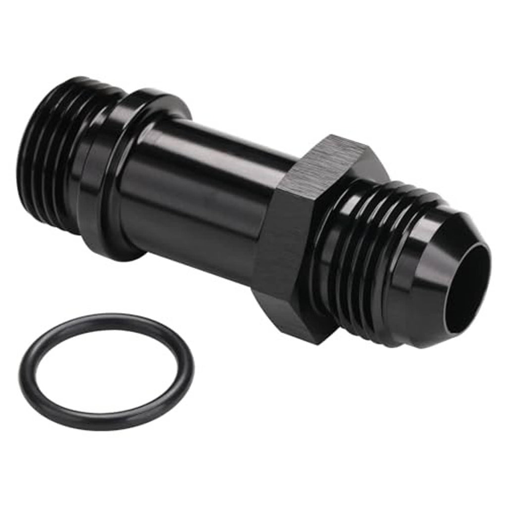 Black AN flare-to-ORB extension fitting with O-ring, angled view
