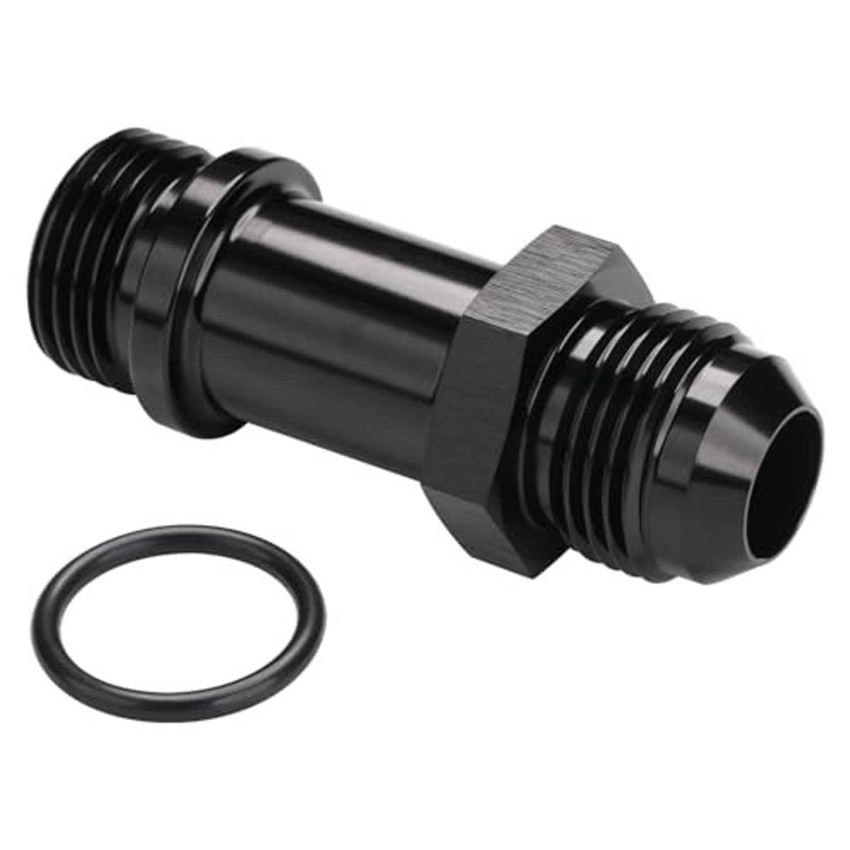 Black AN flare-to-ORB extension fitting with O-ring, angled view