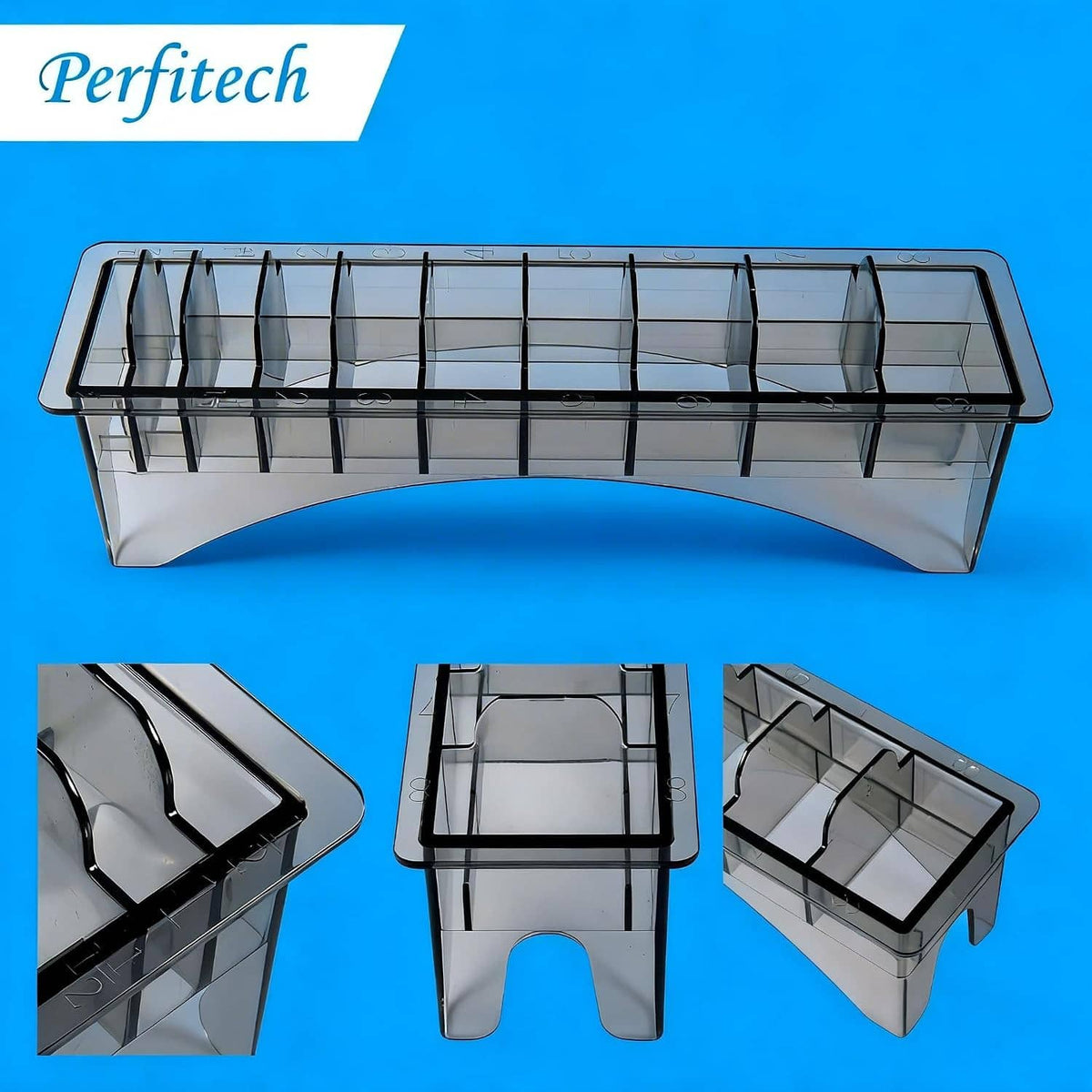 10-slot clipper guard holder with transparent base and black grid divider frame