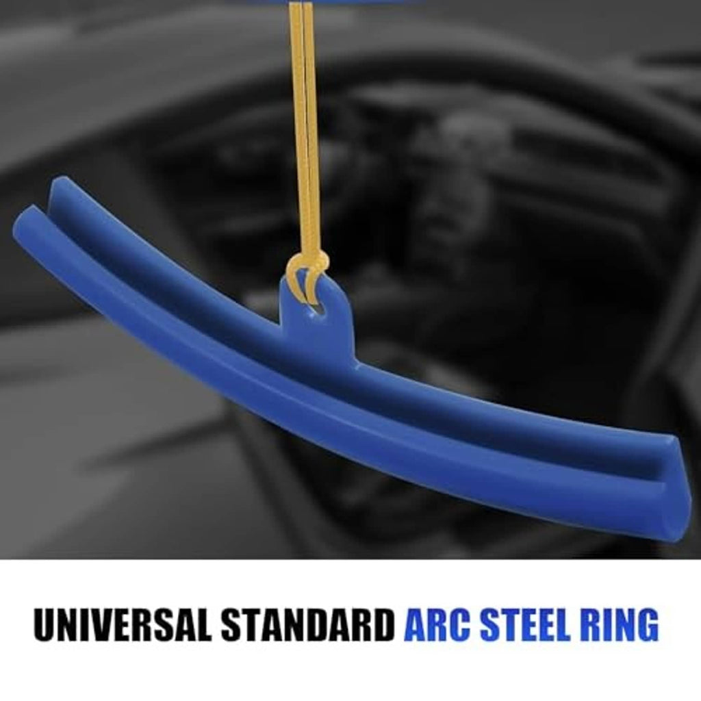 Blue arc-shaped wheel rim protector sleeve with gold hanging cord on a tire