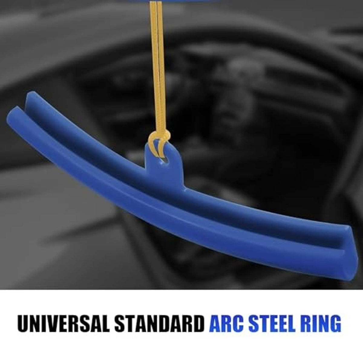 Blue arc-shaped wheel rim protector sleeve with gold hanging cord on a tire
