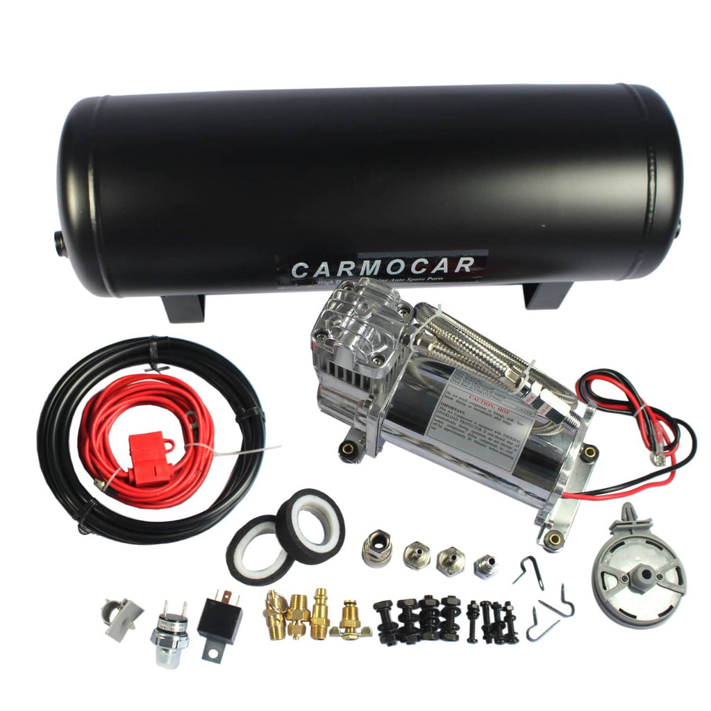 Air compressor kit with black tank, red power cable, braided hose, and mounting parts
