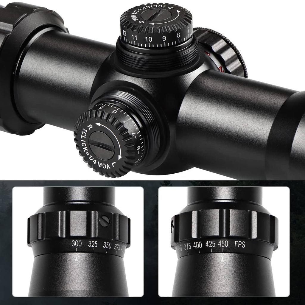 Scope turret and adjustment dials with FPS scale and click markings, black housing