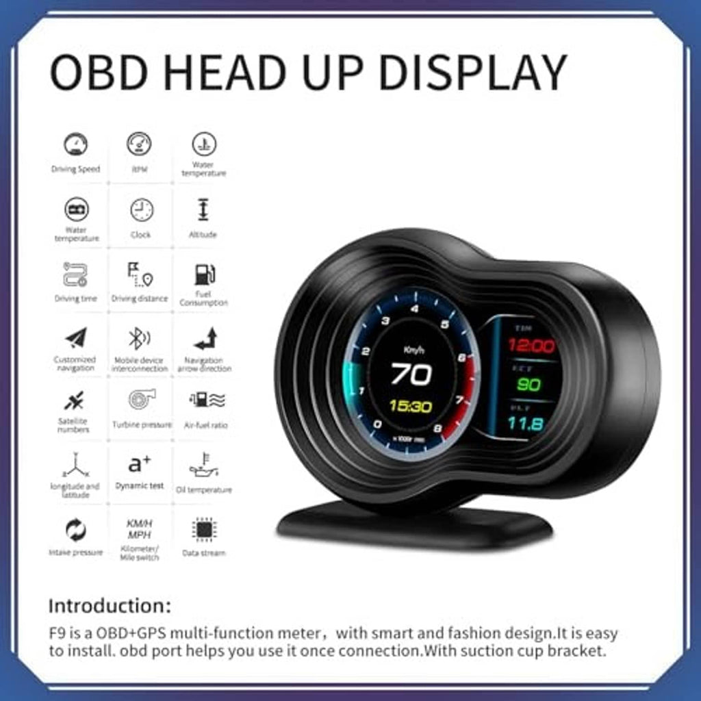 Black OBD head-up display showing blue circular gauge and red temperature panel