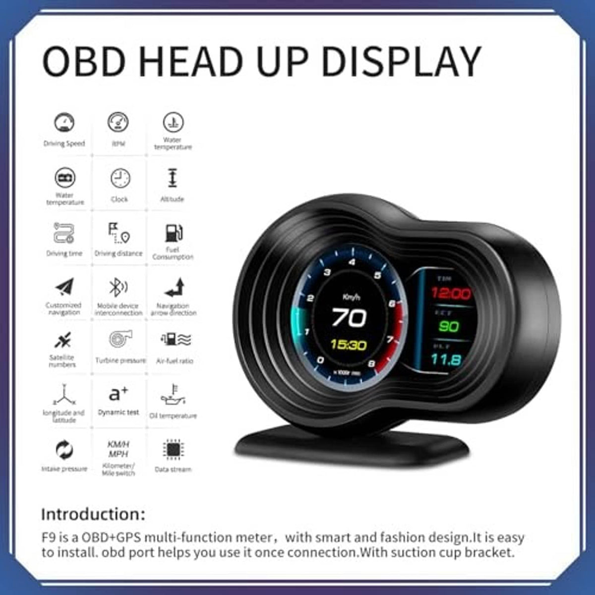 Black OBD head-up display showing blue circular gauge and red temperature panel