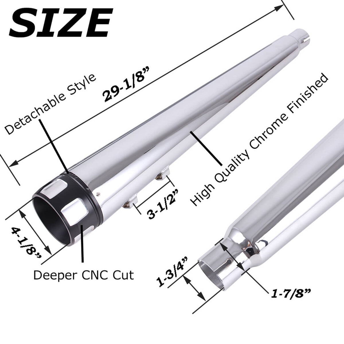 Chrome exhaust pipe pair with black inlet and outlet clamps, size detail