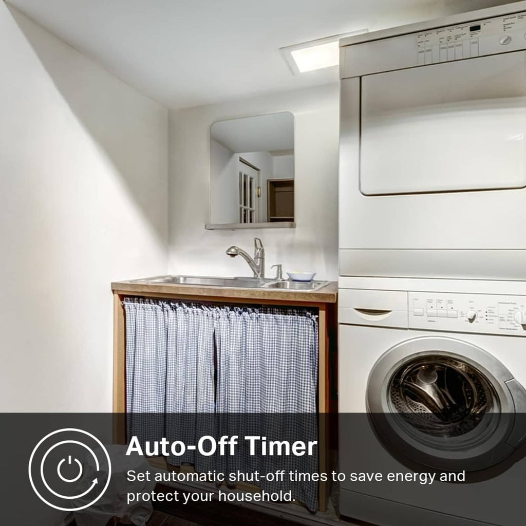 Smart light switch auto-off timer feature icon over a kitchen home setting