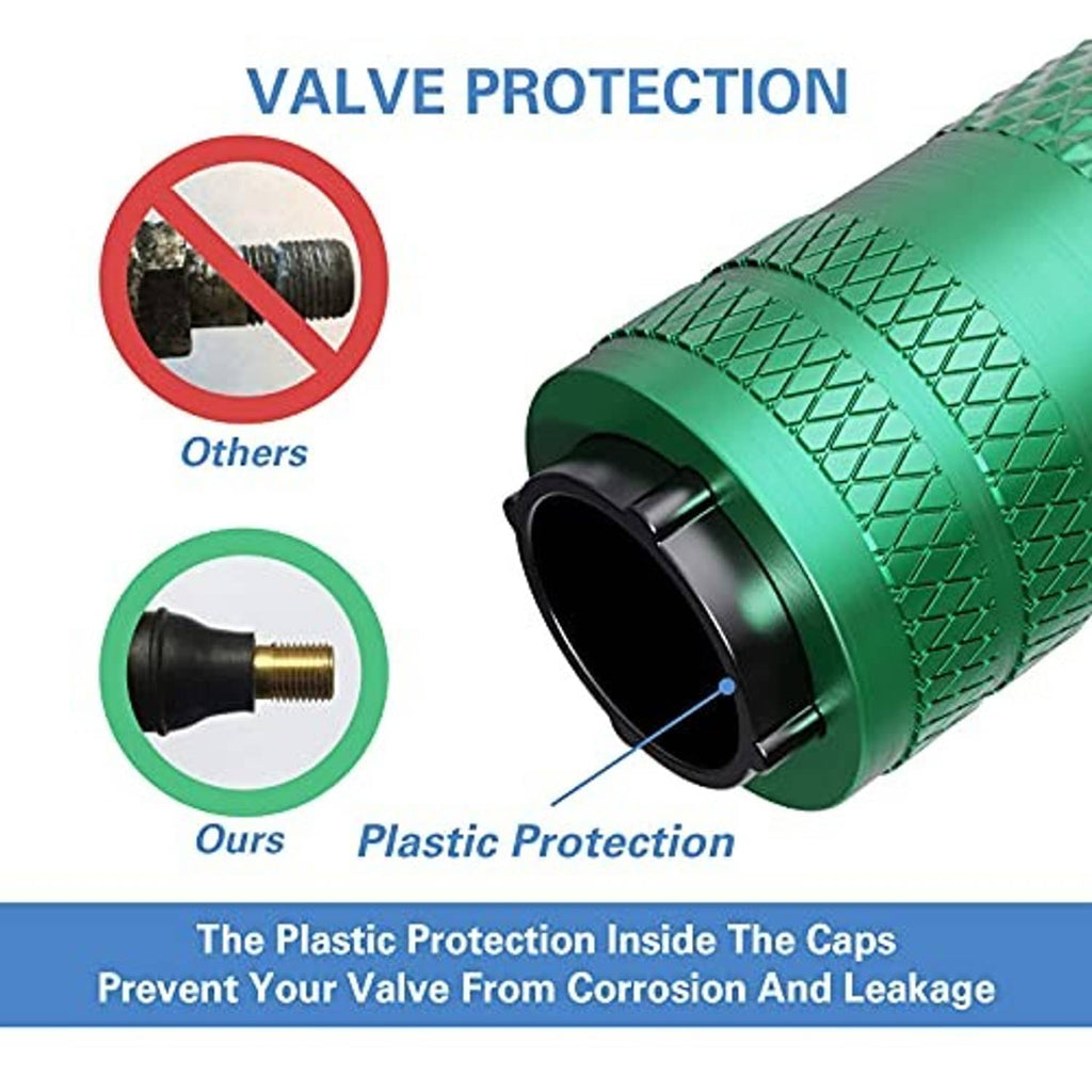 Green tire valve cap with black plastic insert and textured grip
