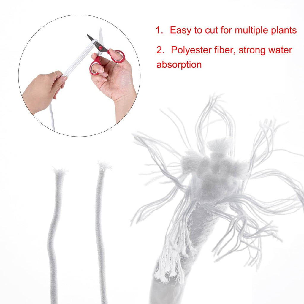 Self-watering wick cord bundle with loose fibers, shown being cut to size