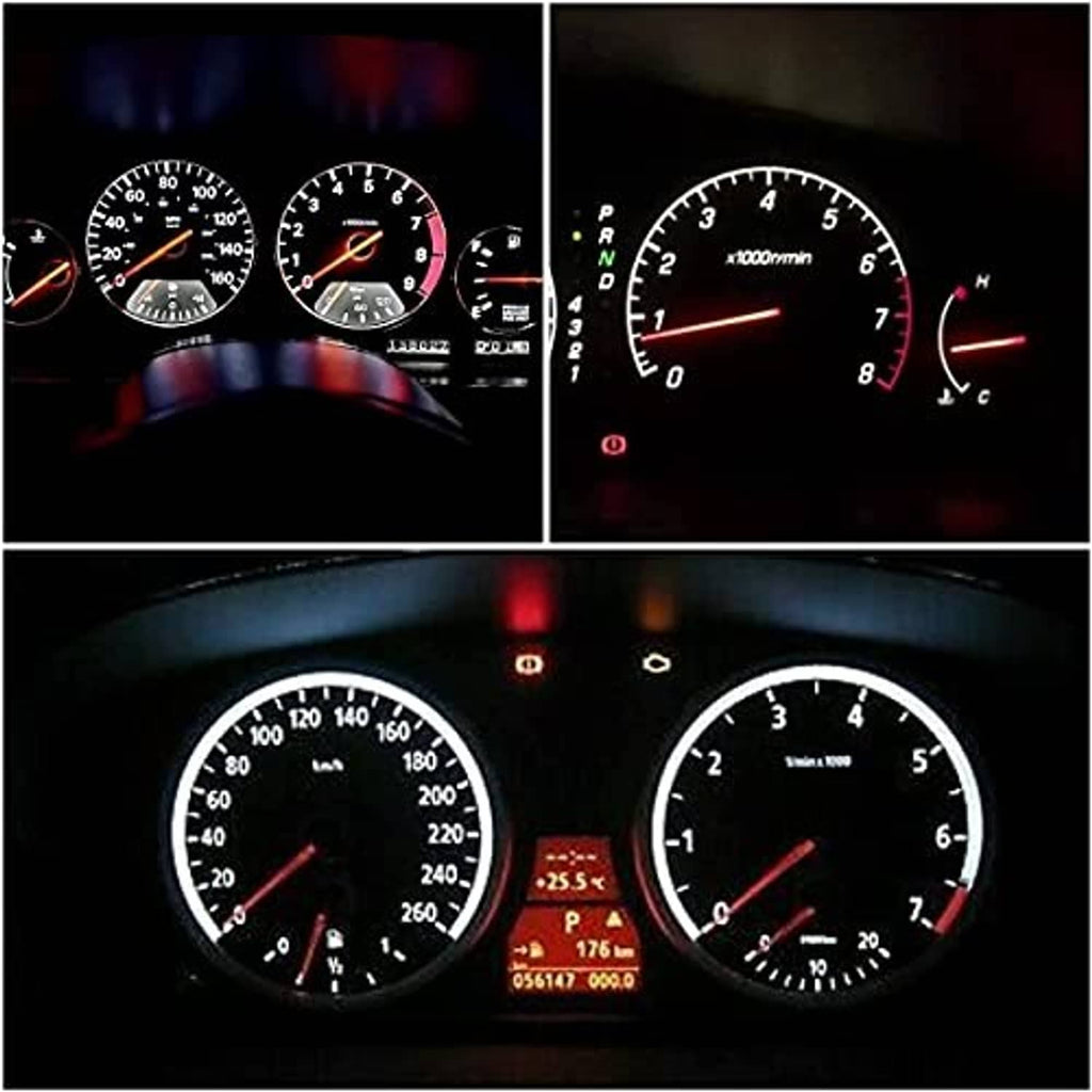 Car instrument gauges lit in red and white with illuminated dial indicators