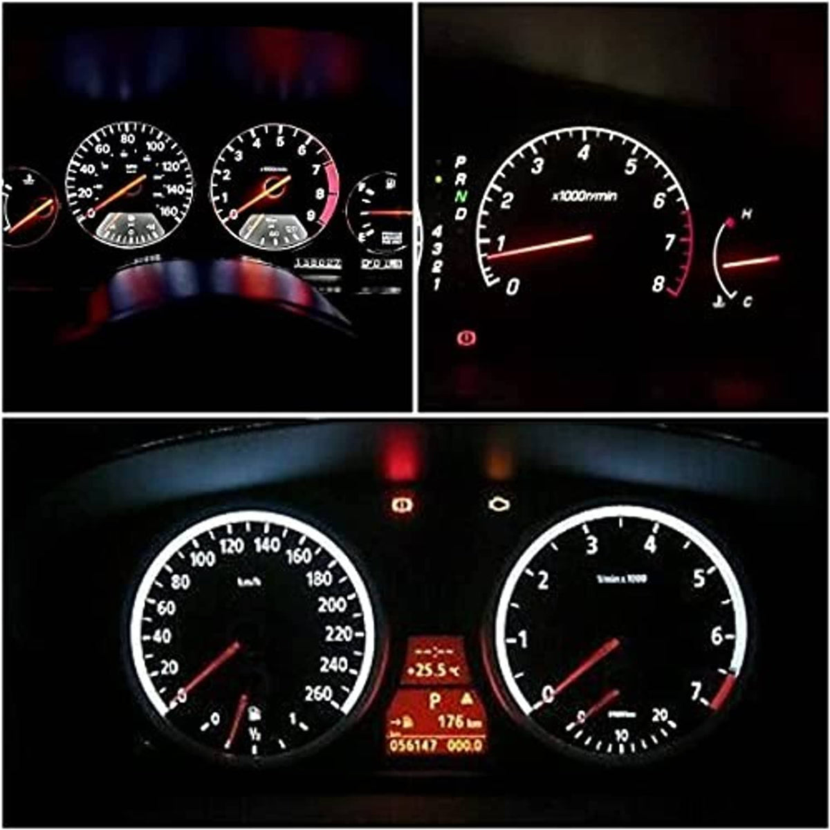 Car instrument gauges lit in red and white with illuminated dial indicators