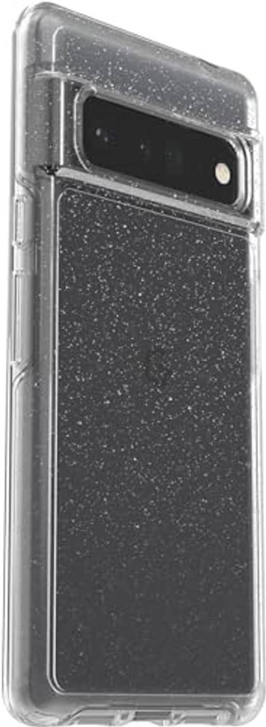 Clear glitter protective phone case for Pixel 6 Pro, angled view of camera cutout