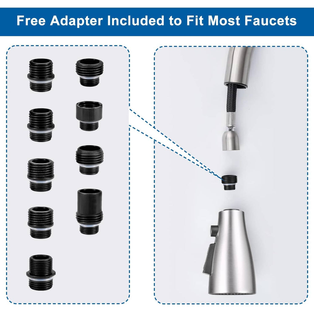 Kitchen faucet aerator head with included adapter pieces and threaded connections