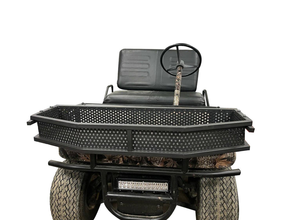 Black perforated steel storage basket installed on golf cart front, open tray design